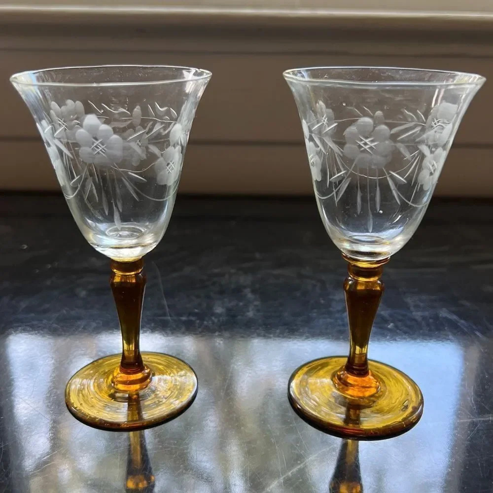 Vintage Tiffin Cordial Liquor Glasses Etched Amber Stems 4.5” Set Of 2